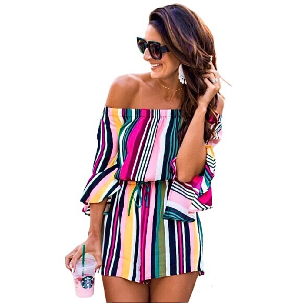 Express Multicolor Striped Off-Shoulder Romper
